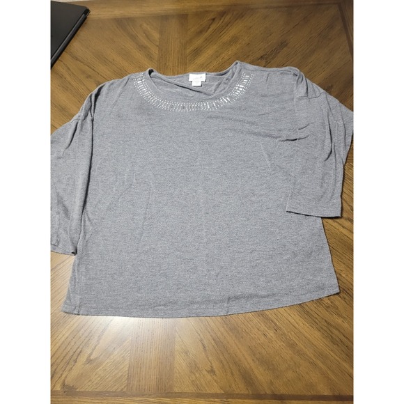 Jaclyn Smith Tops - Jaclyn Smith Womens‎ Gray Embellished Neckline 3/4 Sleeve Top Plus Size L/G